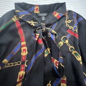 Ralph Lauren Women Black Label Belting Motif Print Tie Neck Shirt